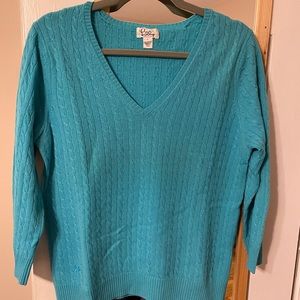 Lilly Pulitzer EUC Large Turquoise Cashmere Vneck Cabled Sweater- white label